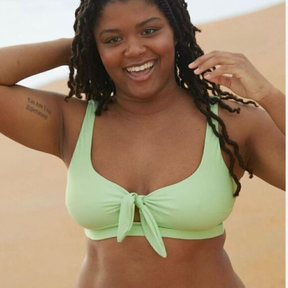 Aerie Tie Banded Wide Strap Scoop Bikini Top Green Women Small New With Tag - Picture 6 of 8